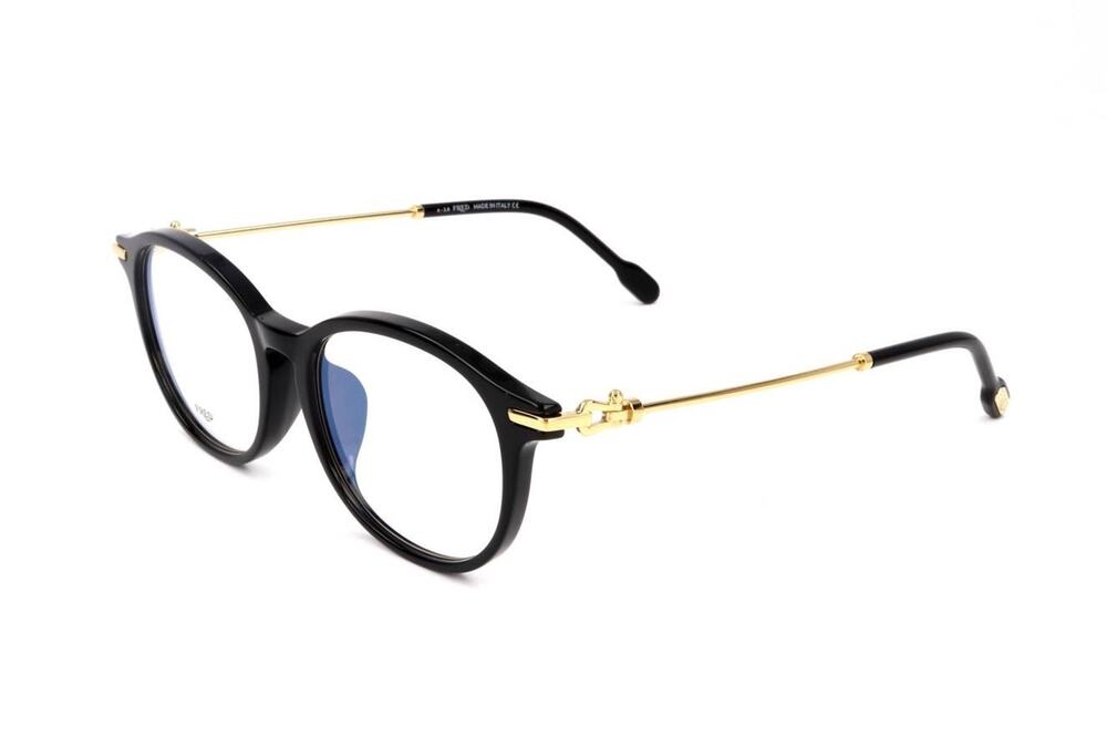 Fred Eyeglasses Frames FG50005F 001 Black Round Full Rim Gold Temples 51-16-140